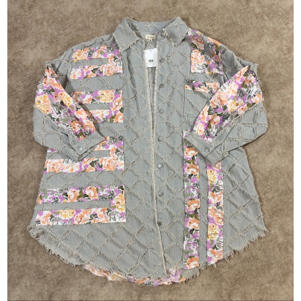 POL Women's Denim Shacket Light Wash Floral Patchwork Size M